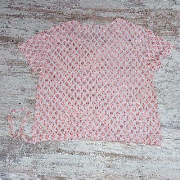 Patterned Tie Waist Linen Short Sleeve Blouse T Shirt Top - Picture 6 of 8